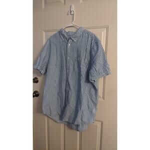 Piombo Blue & White Textured Button Down Short Sleeved Shirt, 3XL